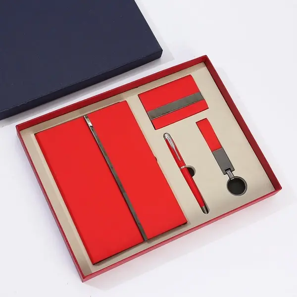 Red Leather Notebook Cardholder Pen Keychain