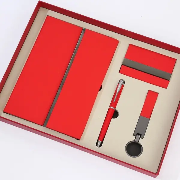 Red Leather Notebook Cardholder Pen Keychain - Image 3
