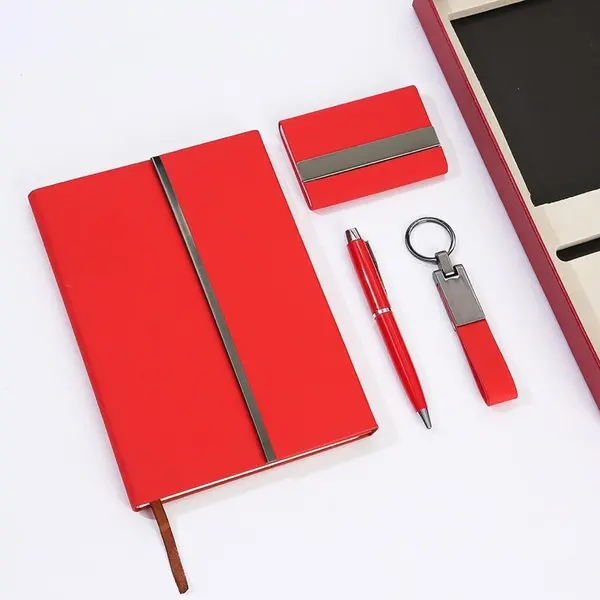 Red Leather Notebook Cardholder Pen Keychain - Image 4