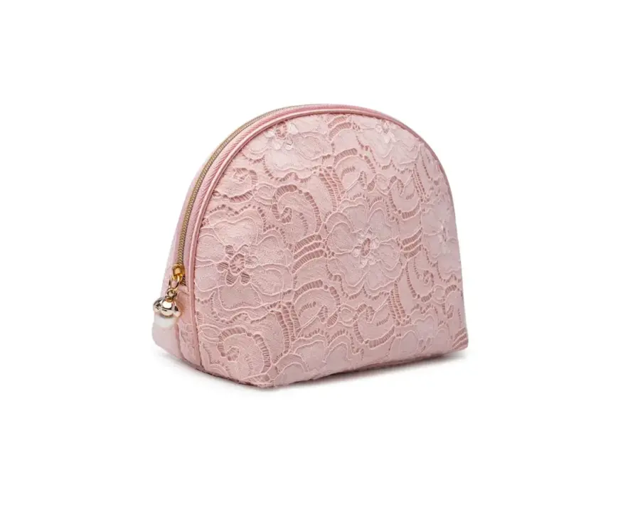 Pink Lace-Embellished Semi-Circular Zipper Pouch