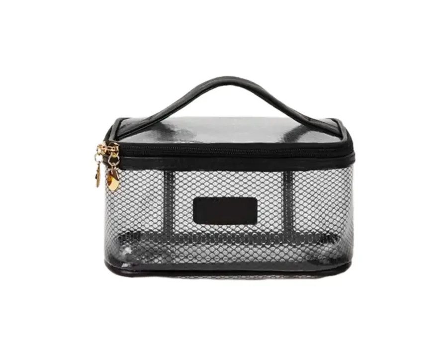 Mesh Transparent Cosmetic Case With Handle And Gold Zipper Accents - Image 2