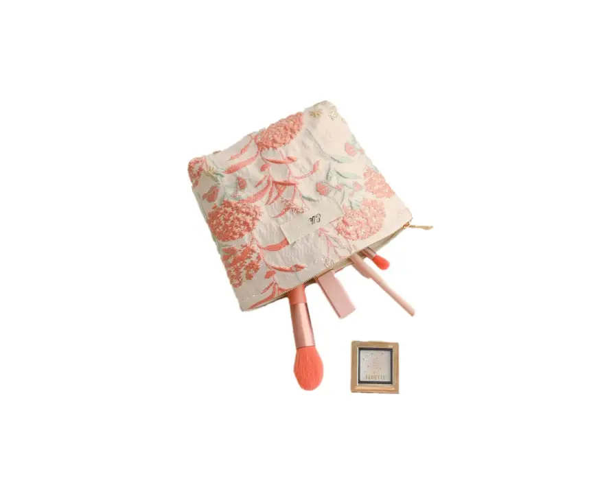 Floral Embroidered Zippered Cosmetic Bag With Pink Floral Pattern
