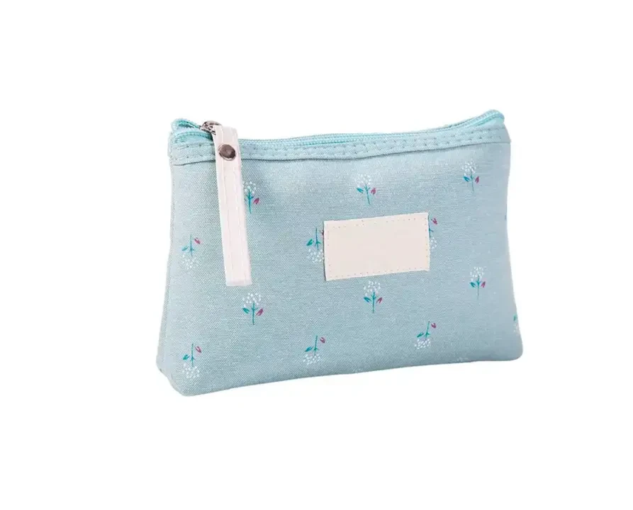 Light Blue Floral-Printed Zippered Pouch For Small Items Storage And Daily Organization