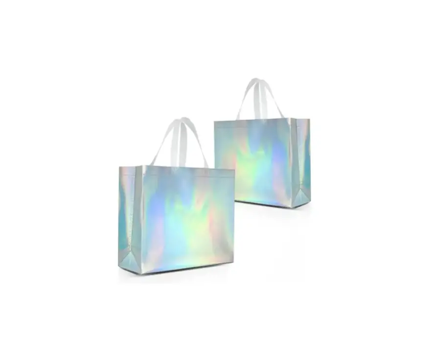 Holographic Iridescent Reusable Tote Bags With Stylish Handles For Fashionable Shopping &amp; Gift Presentation